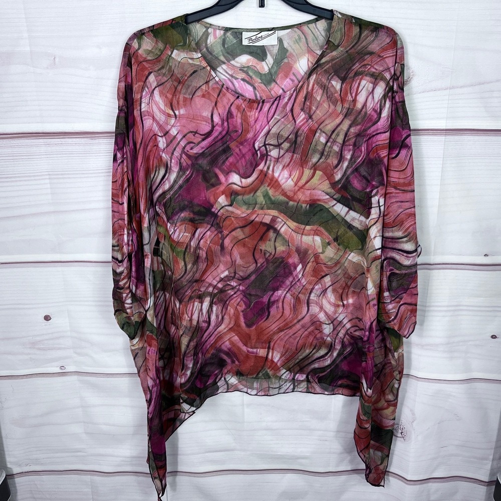 Sterling Styles Top Womens One Size Art Silk Print Blouse Scoop Neck Oversized
